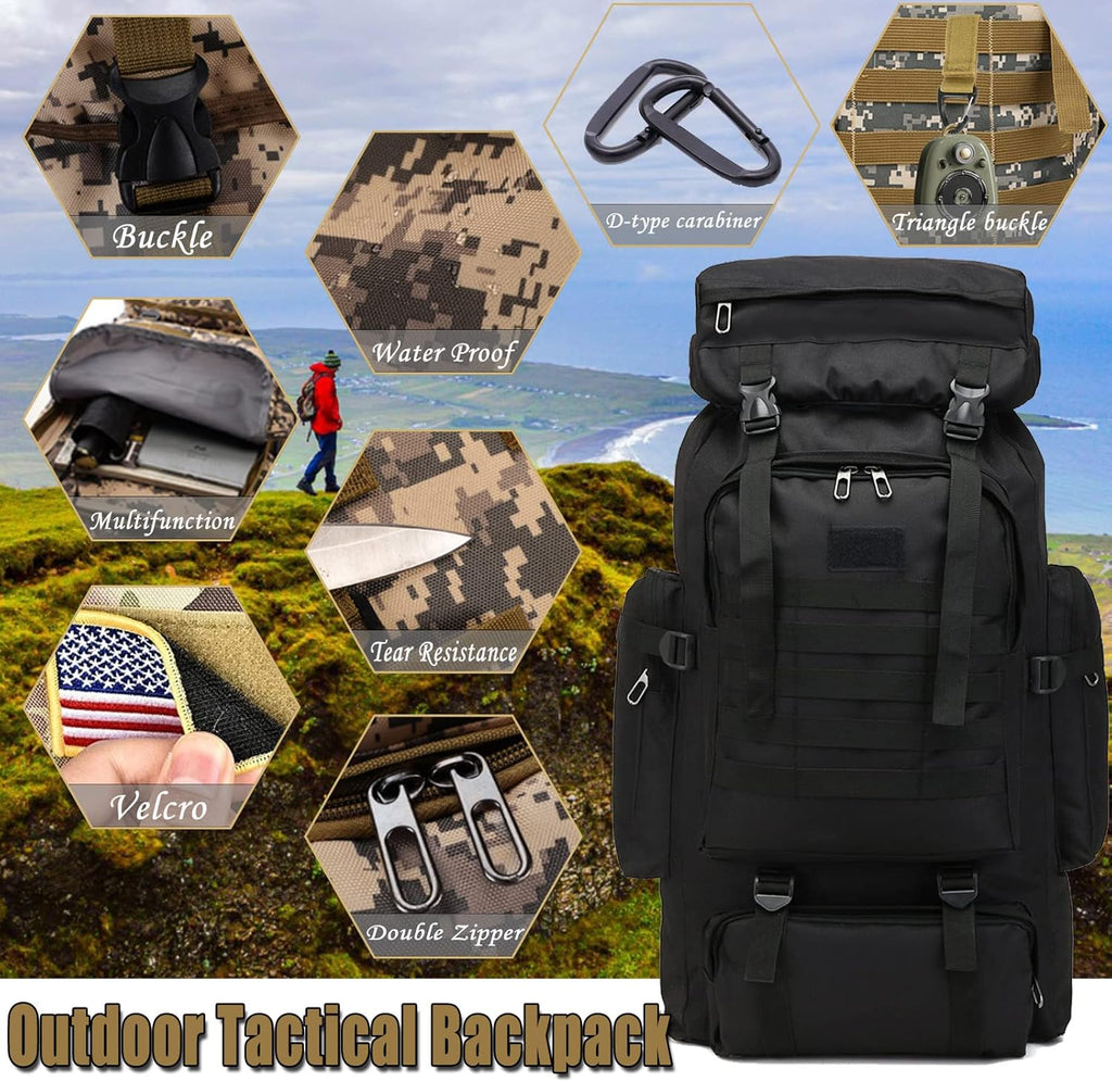 70l hiking backpack for men waterproof lightweight camping backpack military rucksack with 3 day assault pack for travel climbing outdoor sportsblack