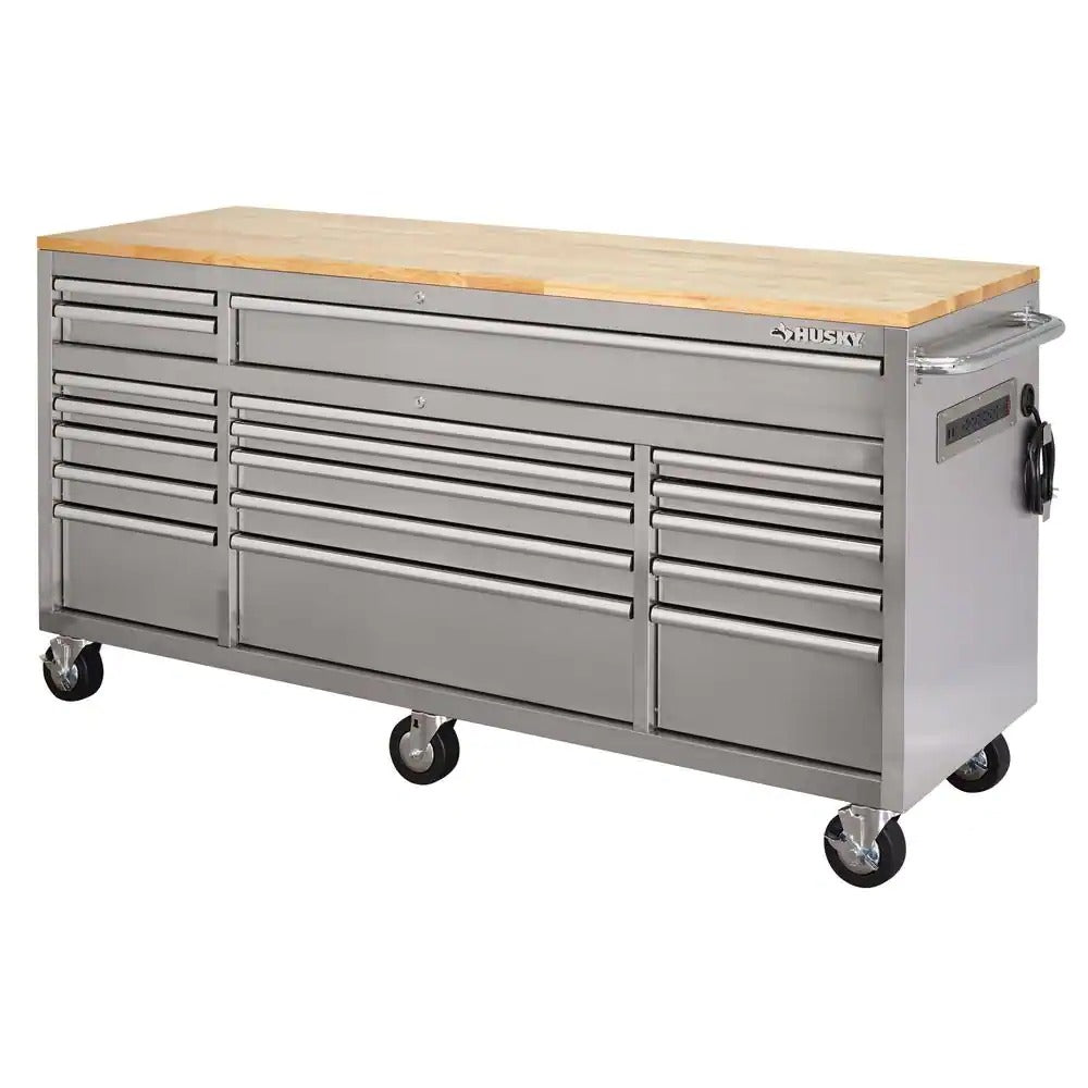 72 in 18 drawer 24 in d mobile workbench with solid wood top stainless steel 3