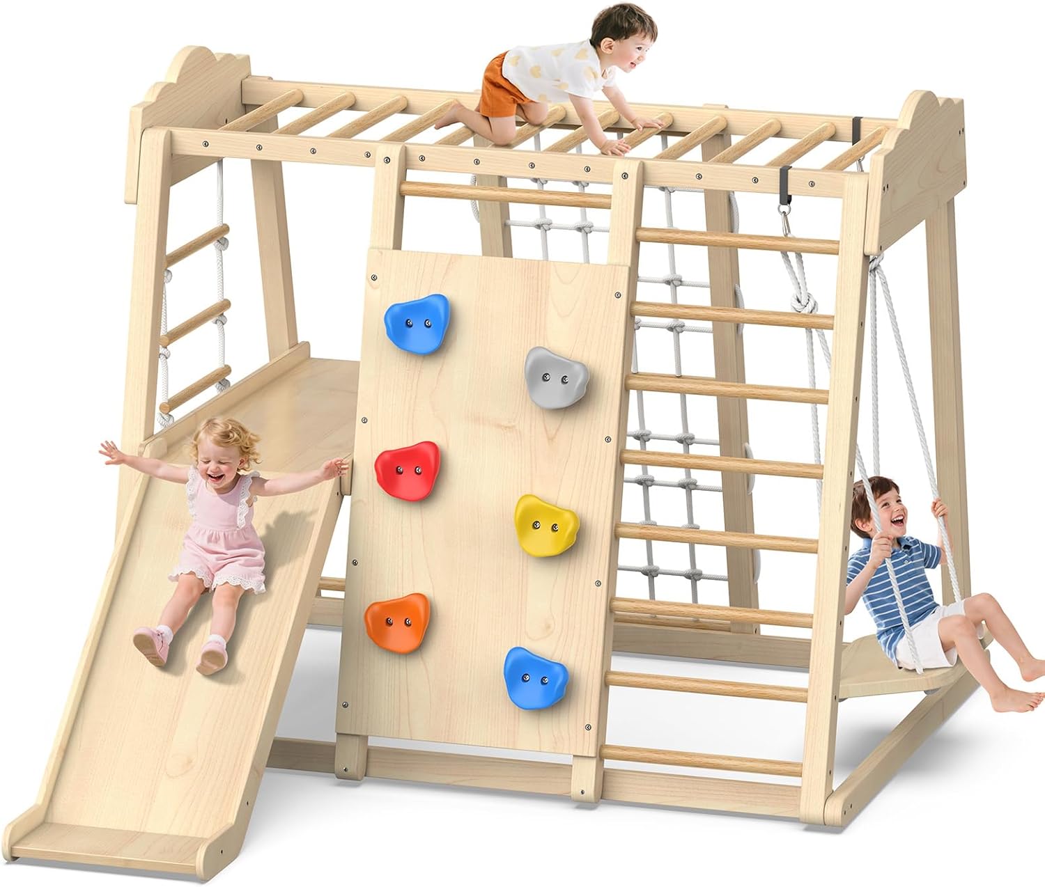 8 in 1 indoor wooden jungle gym with slide swing monkey bars